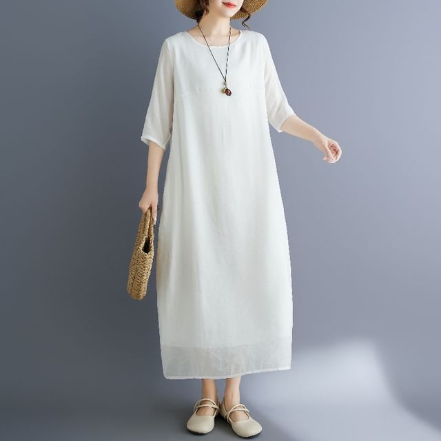 Crewneck Elbow-Sleeve Plain Shift Maxi Dress