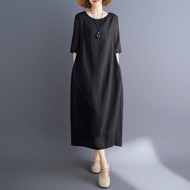 Crewneck Elbow-Sleeve Plain Shift Maxi Dress