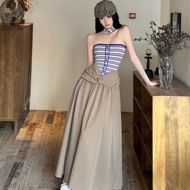 Striped Panel Halter Neck Mock Two-Piece Ruched Open Back A-Line Maxi Dress