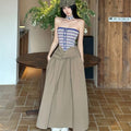 Striped Panel Halter Neck Mock Two-Piece Ruched Open Back A-Line Maxi Dress