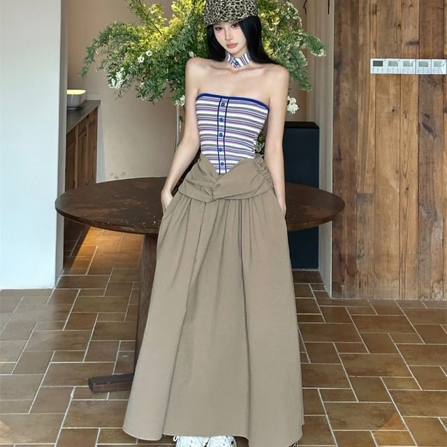 Striped Panel Halter Neck Mock Two-Piece Ruched Open Back A-Line Maxi Dress
