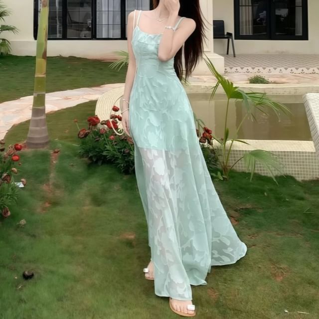 Lace Spaghetti Strap A-Line Maxi Dress