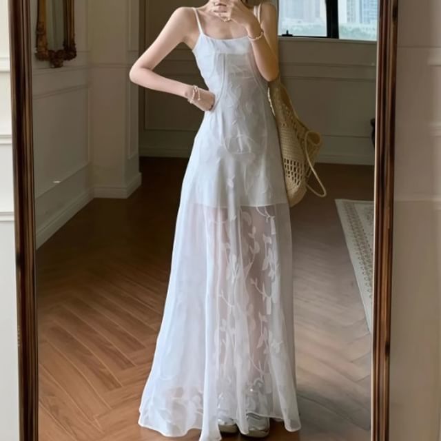 Lace Spaghetti Strap A-Line Maxi Dress