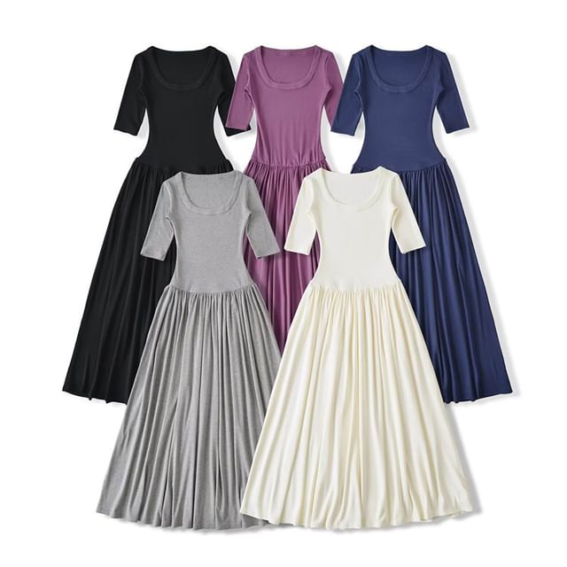 Ruched Elbow-Sleeve Scoop Neck A-Line Maxi Dress