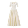 Ruched Elbow-Sleeve Scoop Neck A-Line Maxi Dress