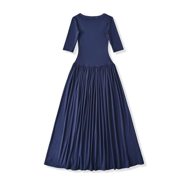 Ruched Elbow-Sleeve Scoop Neck A-Line Maxi Dress