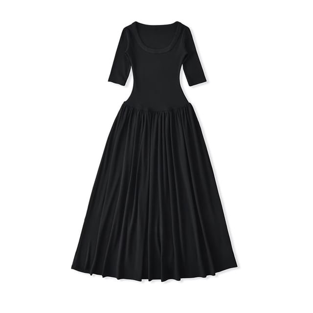 Ruched Elbow-Sleeve Scoop Neck A-Line Maxi Dress