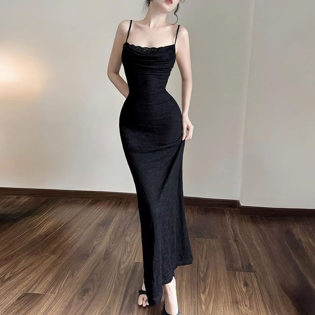 Lace Panel Cowl Neck Spaghetti Strap Bodycon Maxi Dress