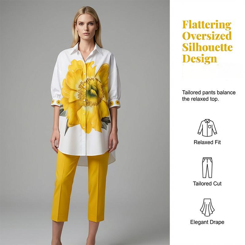Sunflower Royale Luxe Co-Ord Elegance Set ¨C Premium Floral Statement Shirt & Tailored Pant Ensemble