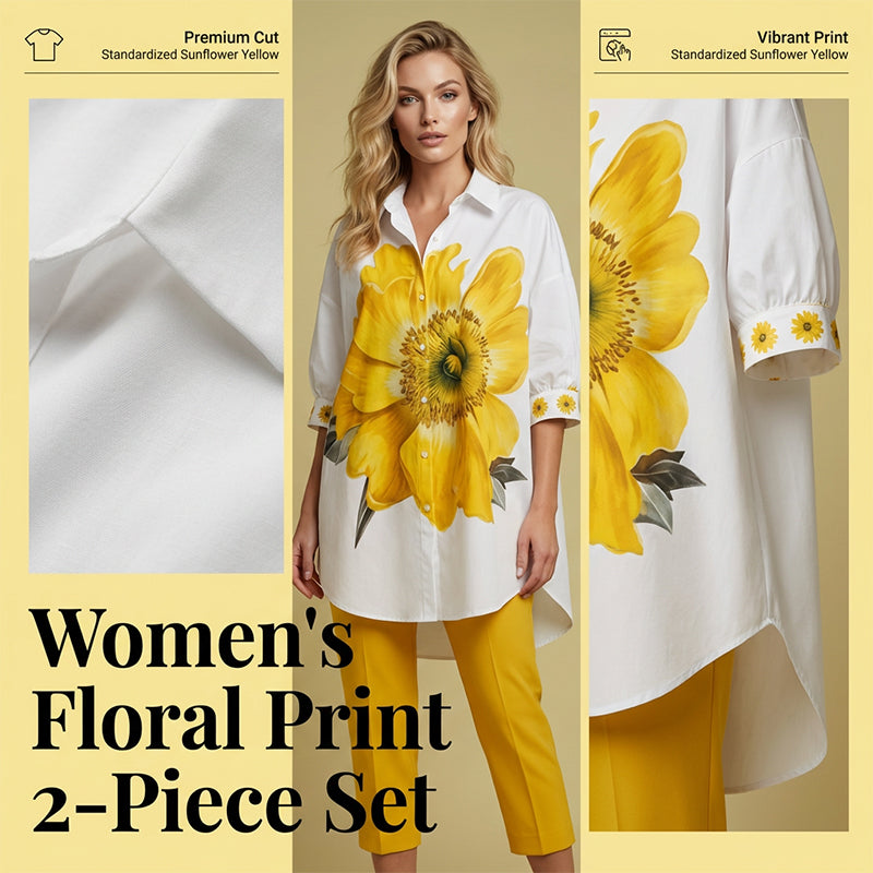 Sunflower Royale Luxe Co-Ord Elegance Set ¨C Premium Floral Statement Shirt & Tailored Pant Ensemble