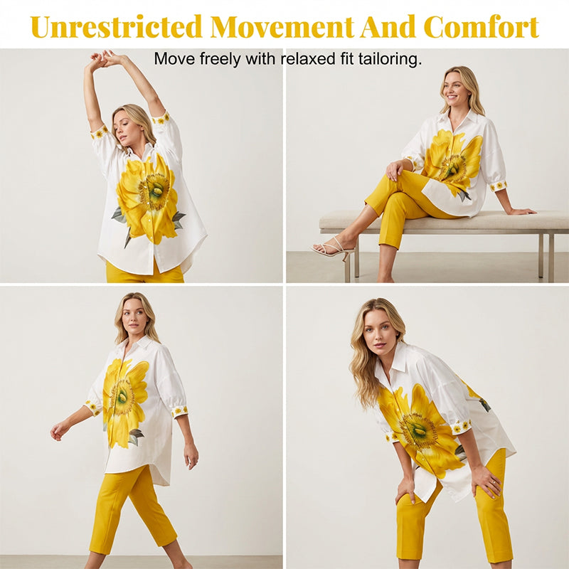 Sunflower Royale Luxe Co-Ord Elegance Set ¨C Premium Floral Statement Shirt & Tailored Pant Ensemble