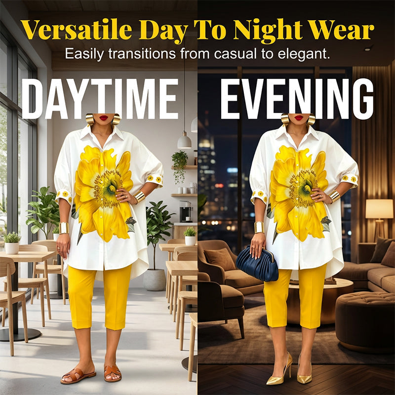 Sunflower Royale Luxe Co-Ord Elegance Set ¨C Premium Floral Statement Shirt & Tailored Pant Ensemble