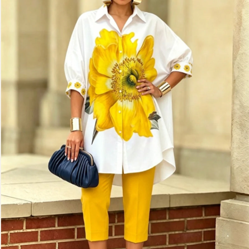 Sunflower Royale Luxe Co-Ord Elegance Set ¨C Premium Floral Statement Shirt & Tailored Pant Ensemble